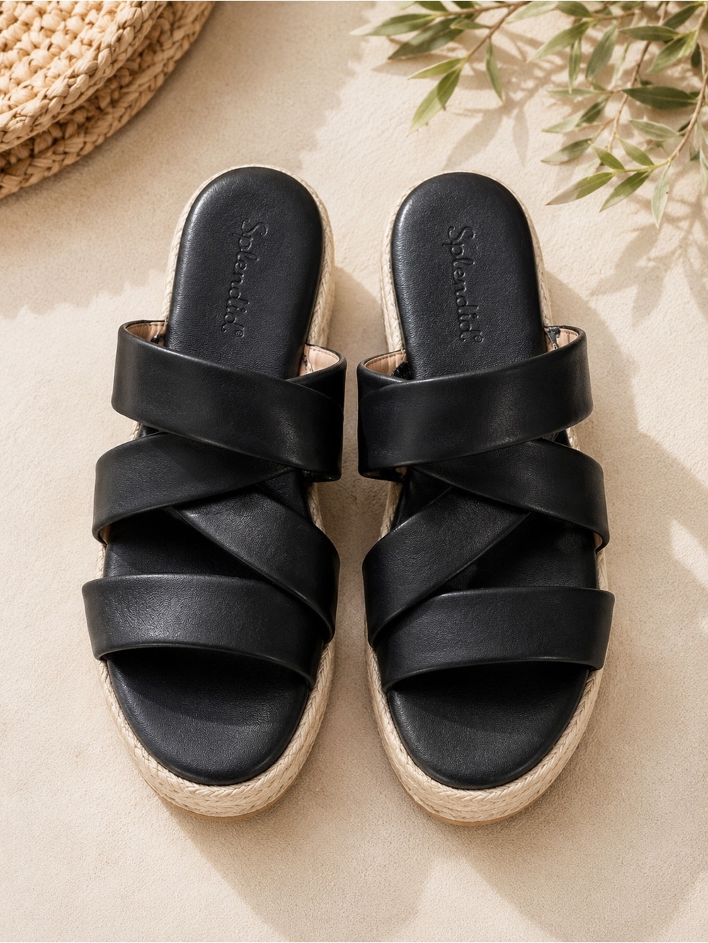 Splendid Black Leather Espadrille Slide Sandals Coastal Quiet Luxury - Picture 4 of 5
